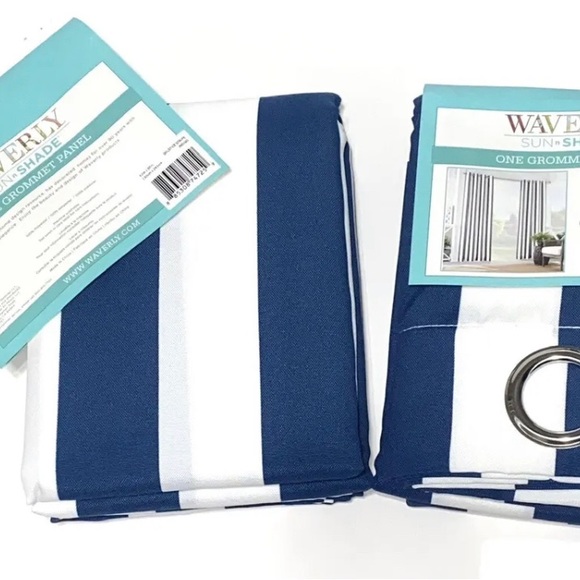 Waverly Sun N Shade Grommet Panels Solstice Stripe Indigo Blue 54x95 - 2 Panels! - Picture 2 of 2